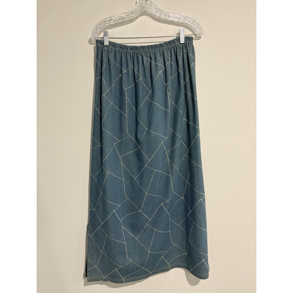 Blue Denim Embroidered Patchwork Maxi Skirt~Sz XL~Retro 70s Boho Festival Hippie - Picture 4 of 10